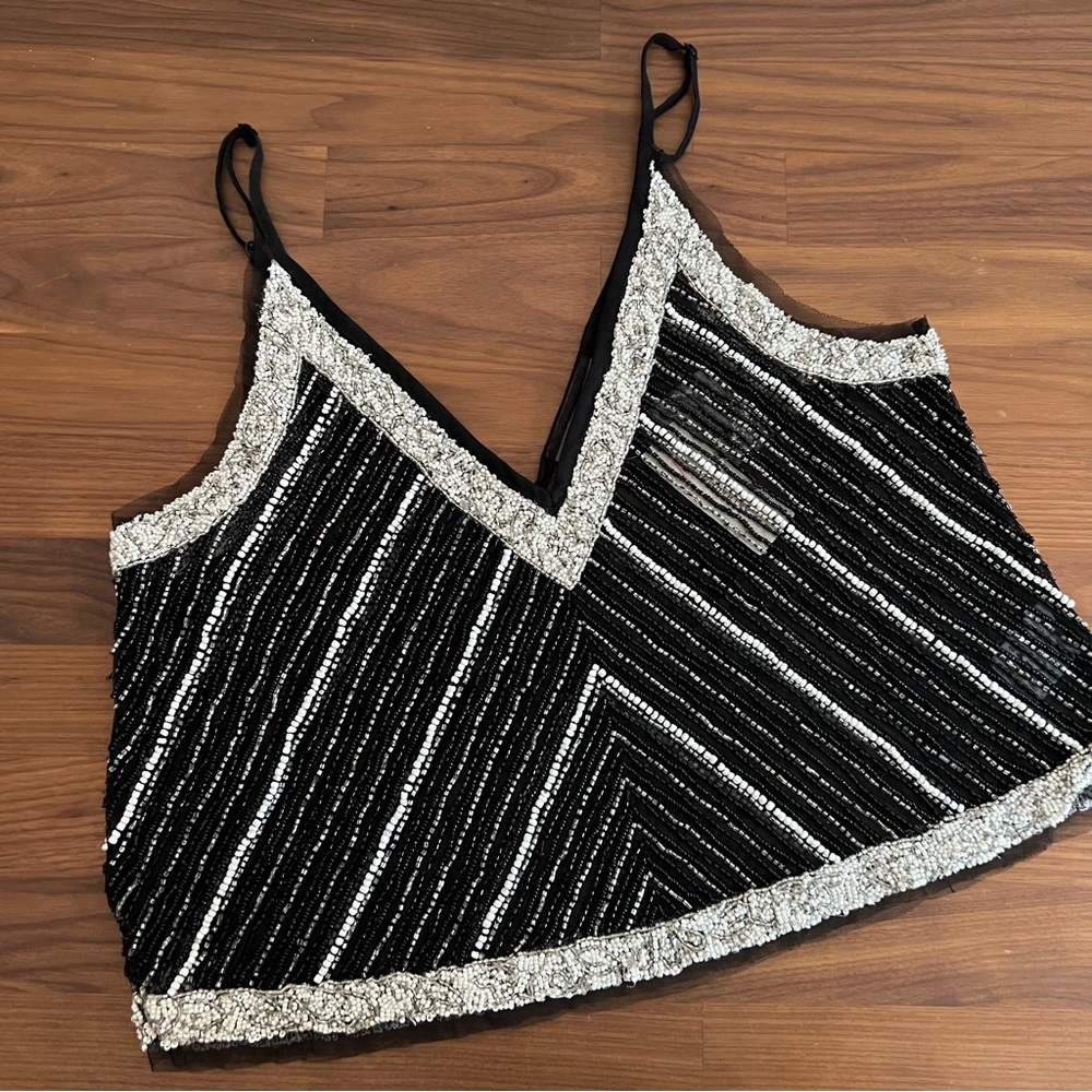 By Anthropologie Embellished Stripe Cami, Black Beads and Silver, Size M - Picture 10 of 14